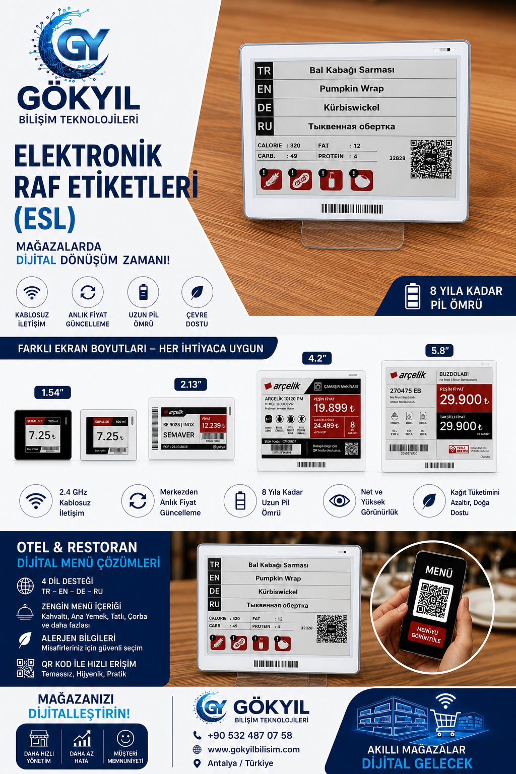 Gökyıl elektronik raf etiketi çözümleri, ekran boyutları ve otel restoran dijital menü uygulamaları